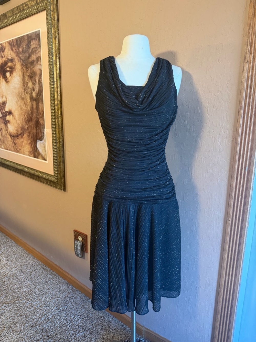 Retro 90s Sophia Christina Black Sparkle Draped Cowl Midi Dress size 8